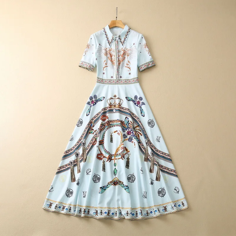 

Женская одежда в европейском и американском стиле, новинка весны 2023, модное платье с коротким рукавом, принтом и простроченными бусинами и лацканами