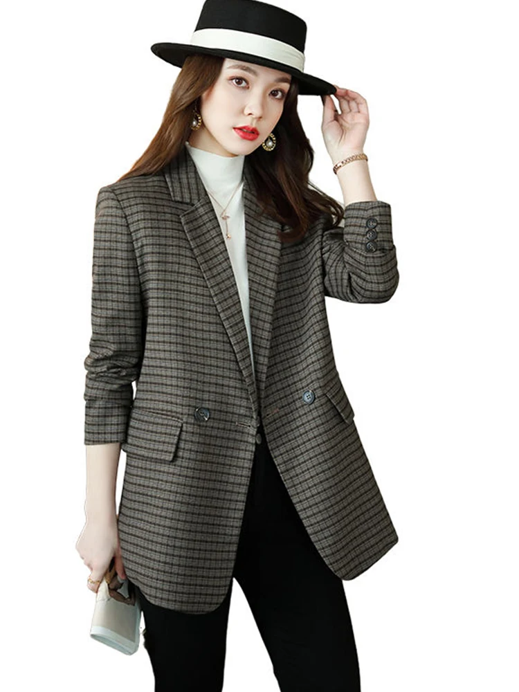High-quality female Gray Plaid Loose blazers Casual Women's Coats Fashion Outwear Jacket Office Lady