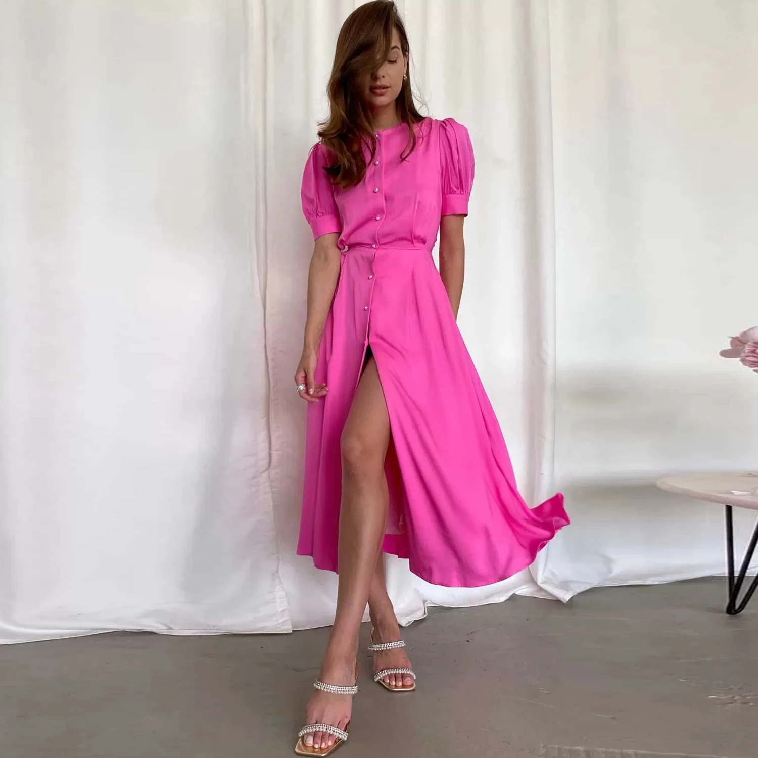 

Women O Neck Puff Sleeve Solid Color Singel Breasted Slim Mid-Calf Office Dress