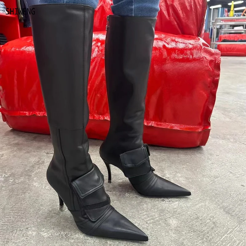 

2023 Brans Модные женские Сапоги До Колена Для Женщин с острым носком на шпильке с карманами крутая женская уличная стильная обувь Botas Mujer