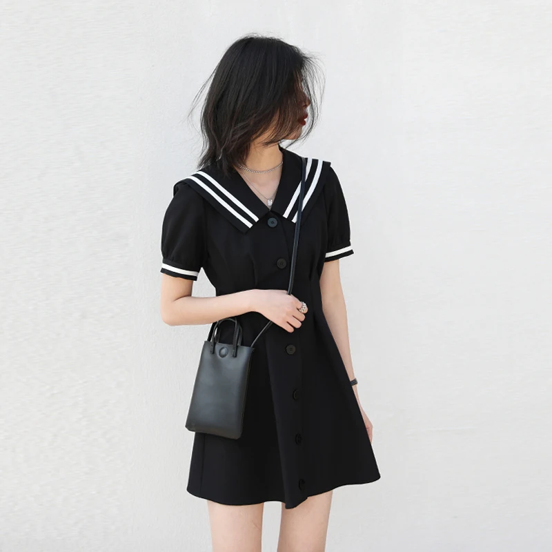 

Sailor Collar Dress Women Cute Summer Simple Solid Leisure Korean Style Sweet Ladies Fashion All-match Preppy Comfortable Loose