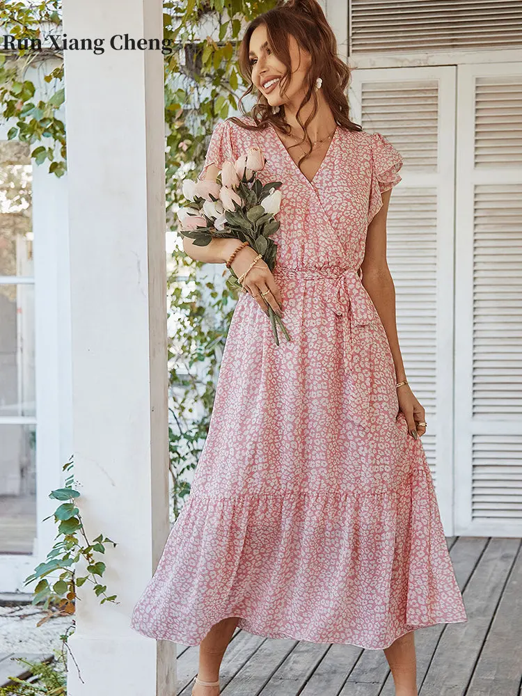 

2023 Spring Summer New Dress Sexy Belt Design Print Leisure Holiday Lotus Leaf Sleeve V-neck Chic Elegant Pretty Long Dresses