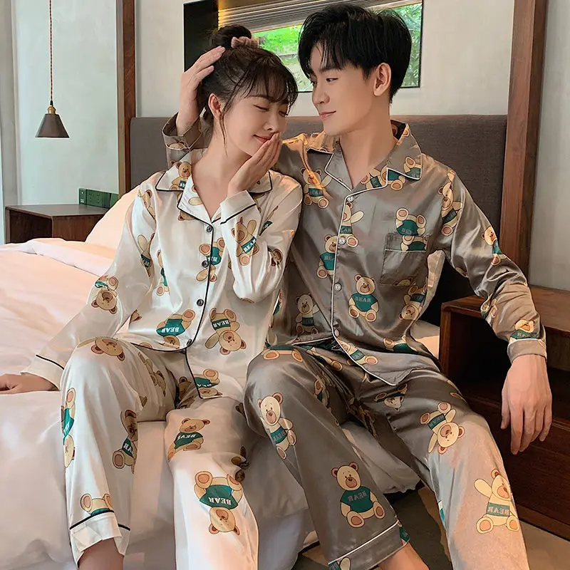 2023 Lovers pajamas Couples ice silk pajamas women in 2023, the new age season long thin silk leisurewear suit men's summer