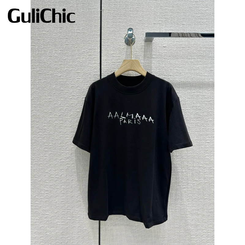 

11.24 GuliChic Women High Street Casual 100% Cotton T-Shirt Round Neck Loose Letter Print Short Sleeve Tee