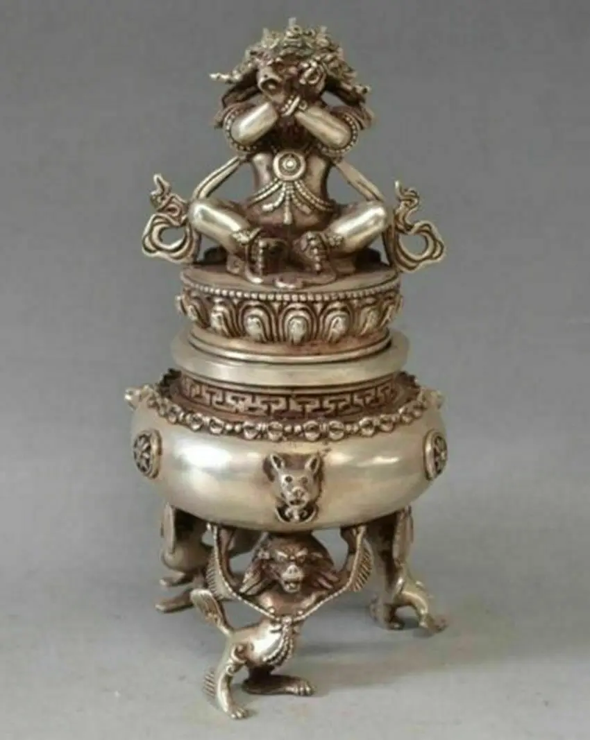 

Chinese Tibet Tibetan Silver Bronze Mahakala Buddha Incense Burner Censer