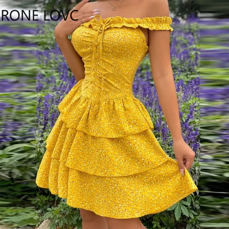 

Women Chic Slash Collar Off Shoulder All Over Print Edible Tree Fungus Hem Sexy Mini A Line Ruffle Party Dress