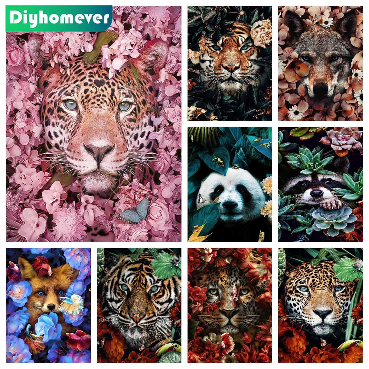 

Panada Full Square Diamond Embroidery Diy Diamond Art Painting Cross Stitch Drill Tiger Lion Face Flower Picture of Rhinestones