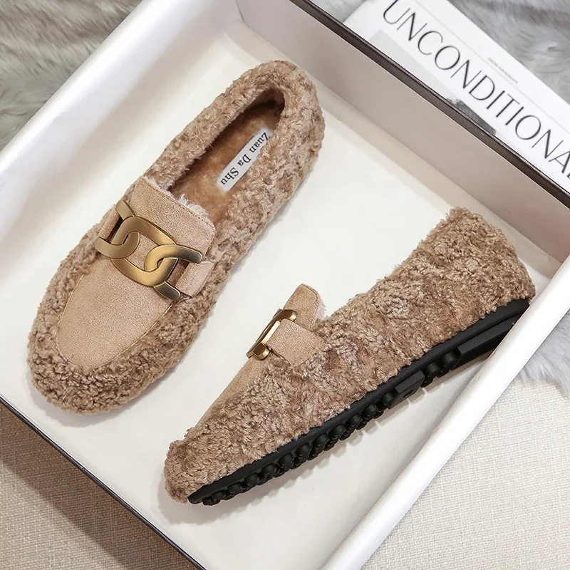 Women Lambswool Plush Cotton Fur Flats Boots Winter Brand Chain Loafers Femme Comfy Moccasin Pregnant Big Size 41/42 Shoes