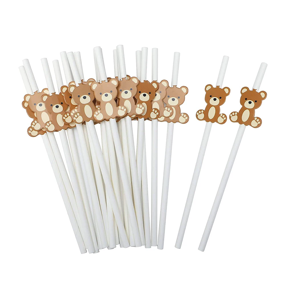 30Pcs Bear Paper Straws Little Cutie Straws White Brown Bear Disposable Drinking Paper Straws for Little Cutie Baby Shower Decor