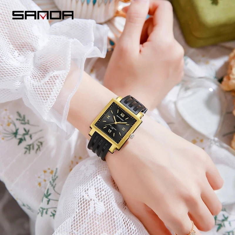 

Sanda Rectangular Wrist Watches for Women gold Case Ladies Watches Luxury Brand rubber strap Quartz Clock zegarek damski 3208