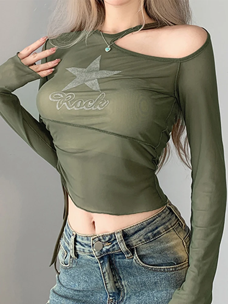 

T Shirt Women Korean Fashion Long Sleeve Skinny Sexy Hollow Tops 2022 Autumn Y2k Street Clothes Harajuku
