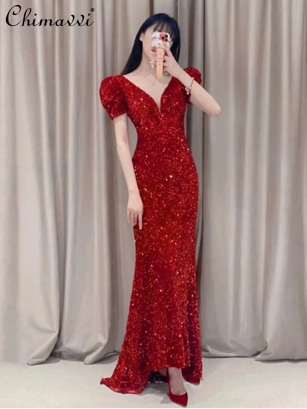 2022 Summer New Wine Red V-neck Puff Sleeve Fishtail Evening Dress Women's Bow Backless Sexy Sequins Dress for Femalez