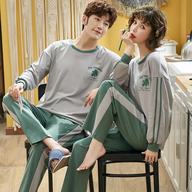 Long Sleeve Sleepwear Couple Men Women Matching Home Set Cotton Pjs Cartoon Prints Leisure Nightwear Pajamas for Autumn Spring images - 6