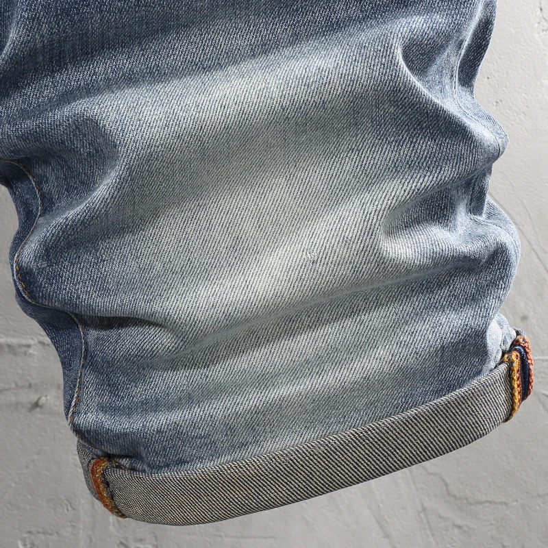 Fashion Designer Men Jeans Summer Trendy Retro Washed Blue Elastic Printed Short Jeans Homme Vintage Casual Denim Shorts Men