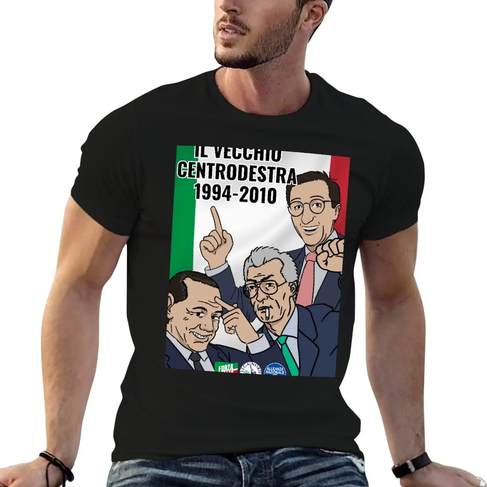 Фото Футболка Il vecchio centrodestra italiano con Berlusconi Fini e Bossi, повседневная, с коротким рукавом №1