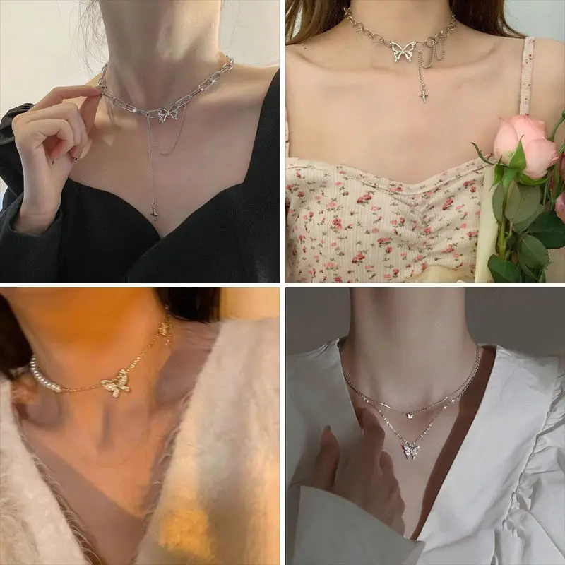 

Silver Color Shiny Butterfly Necklace Female Exquisite Double Layer Pendant Clavicle Chain Necklace Wedding Party Jewelry Gifts