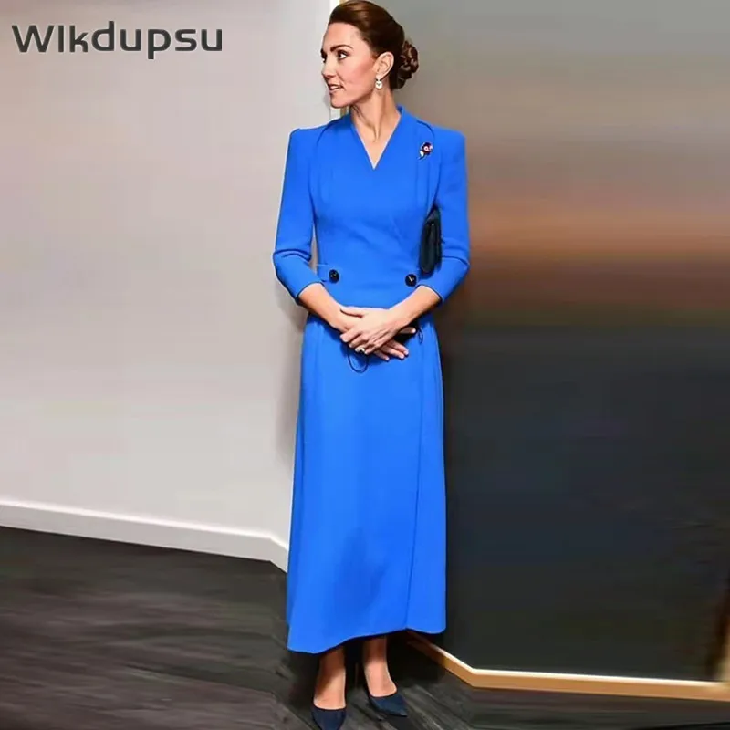High Quality Long Maxi Dress Women Fashion Designer Kate Middleton Blue Color Autumn Fall Dresses Female Formal Work Office Wear