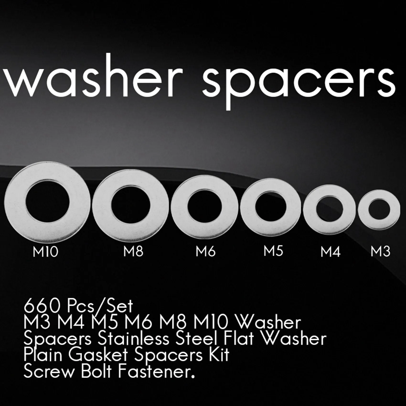 

660 Pcs/Set M3 M4 M5 M6 M8 M10 Washer Spacers Stainless Steel Flat Washer Plain Gasket Spacers Kit Screw Bolt Fastener