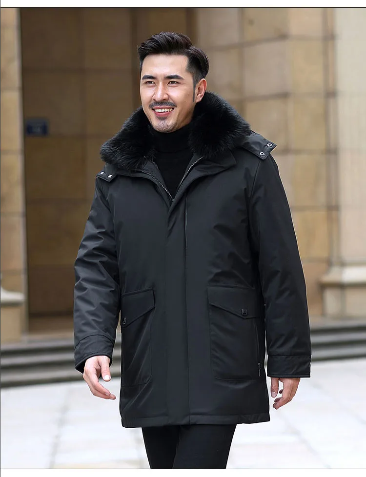 New Arrival 2023 Men Duck Down Overcoat Jacket with Real Fox Fur Collar Hoodie Detachable Lining Navy Black Khaki XXXXXL 4XL 5XL