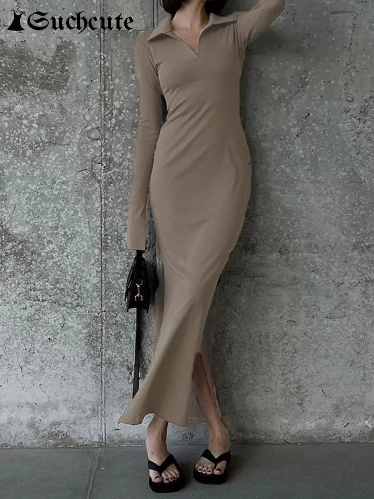 

SUCHCUTE Basic Solid Women Midi Dress Vintage V Neck Split Maxi Dresses Autumn Korean Fashion Long Sleeve Aesthetics Clubwear