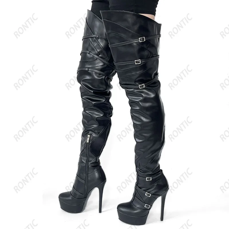 Женские длинные ботинки на платформе Rontic черные элегантные уличные из