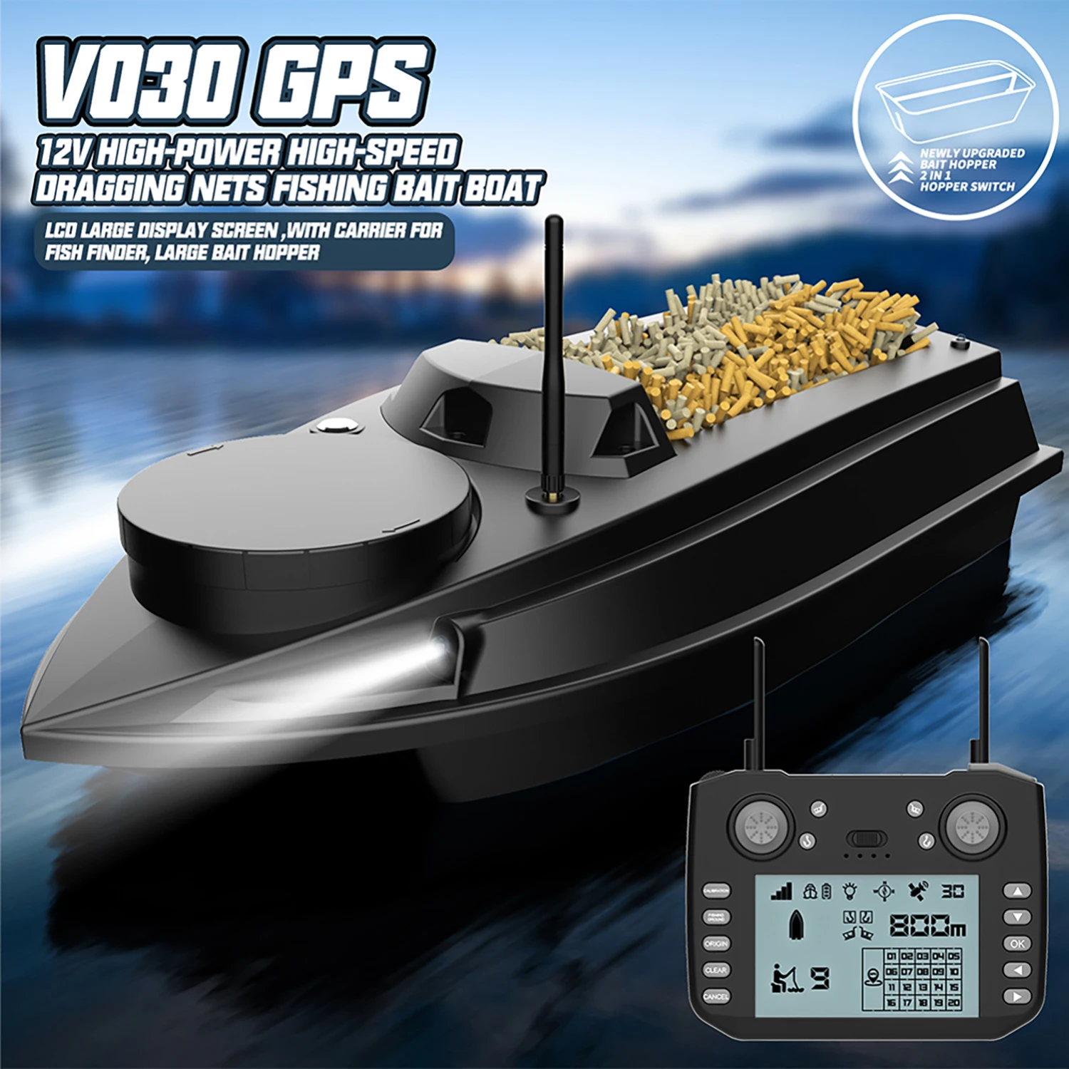Фото Черная 800 м GPS-лодка с приманкой для рыбалки, 9 рыболовных грунтов, 180 точек, 6,6 фунтов, нагрузка 550, двойной двигатель, 12 В, 20000 мАч, аккумулятор, автоматический №3
