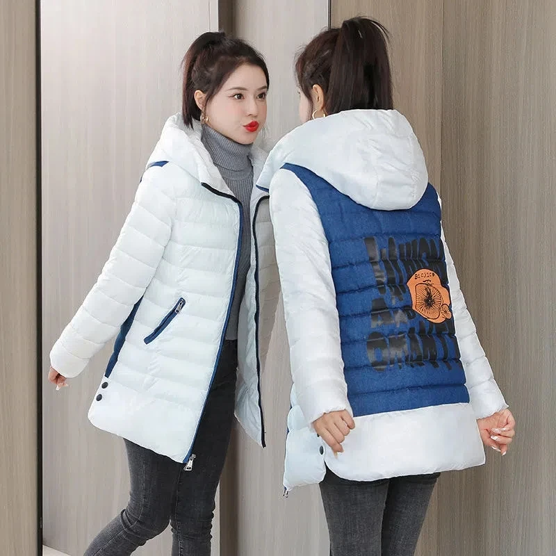

Slim Hooded Print Parkas Winter Warm Cotton Padded Thicken Mid Length Long Sleeve Women Jackets Elegant Snow Wear Outwear