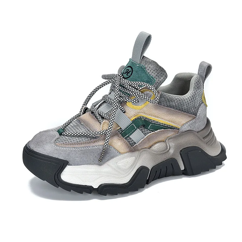 

Кроссовки женские из натуральной кожи, Спортивная повседневная обувь в стиле ретро, на платформе, сочетающиеся цвета