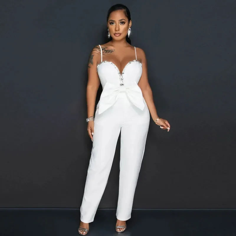 

Znaiml Elegant Birthday Party Bowknot One Piece Rompers Overalls Woman Sexy Spaghetti Strap V-neck Diamonds Nightclub Jumpsuits