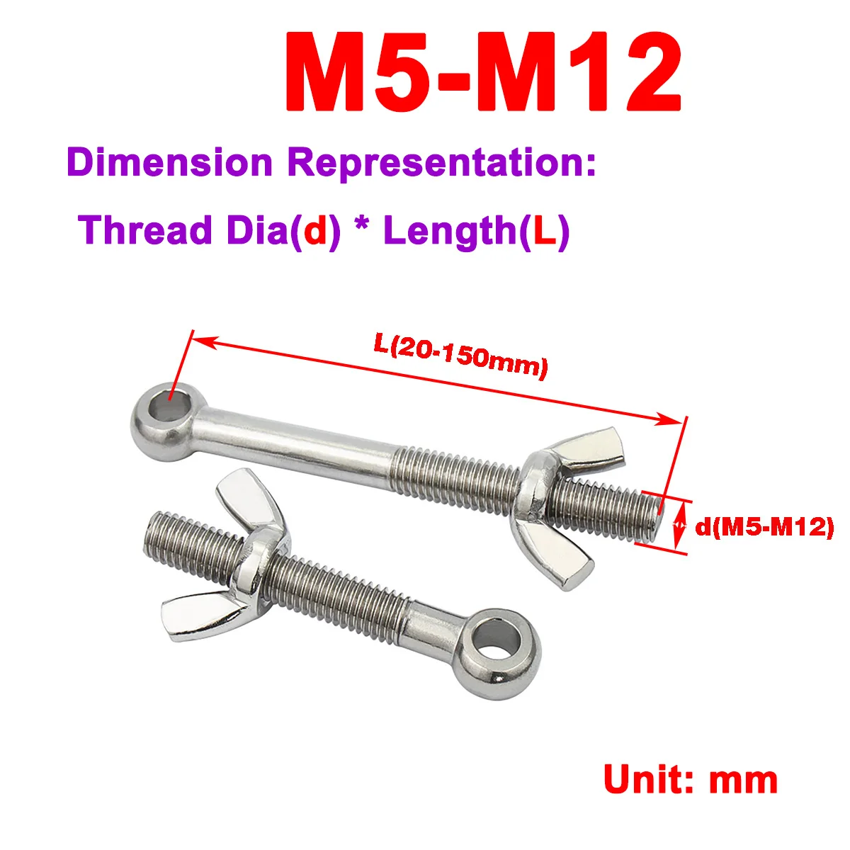 

304 Stainless Steel Union Bolt + Butterfly Nut Set / Fisheye Union Screw With Hole M5M6M8M10M12