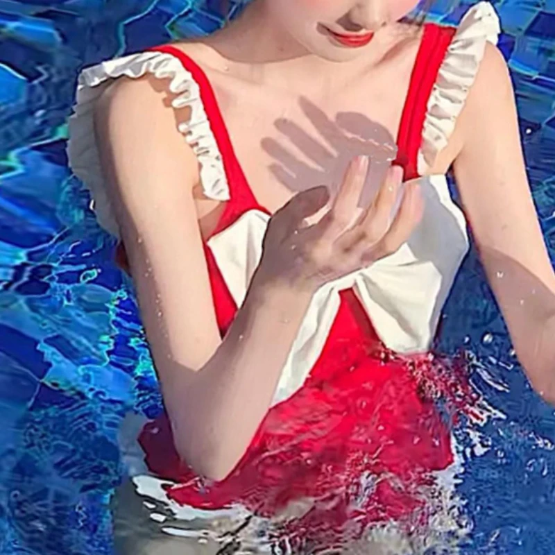 

Korean and Japan sexy one-piece swimsuit female conservative Sweet Retro bow hot spring pool swimsuit bikini beach swimming suit