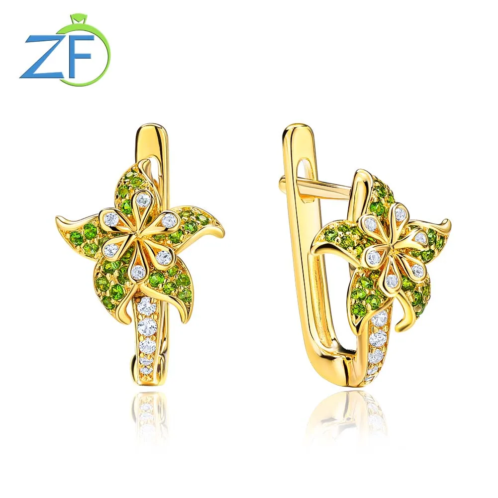 GZ ZONGFA Real 925 Sterling Silve Flower Clip Earrings for Women Natural Chrome Diopside 14K Gold Plated Elegant Fine Jewelry