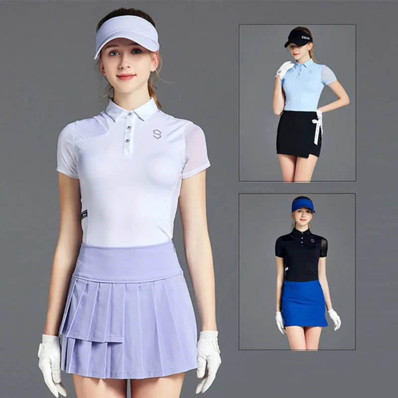 Tops Spliced Short Sleeve Shirt Ladies Golf Hip Wrap Skirt With Bow Tie Pleated Skort Suit