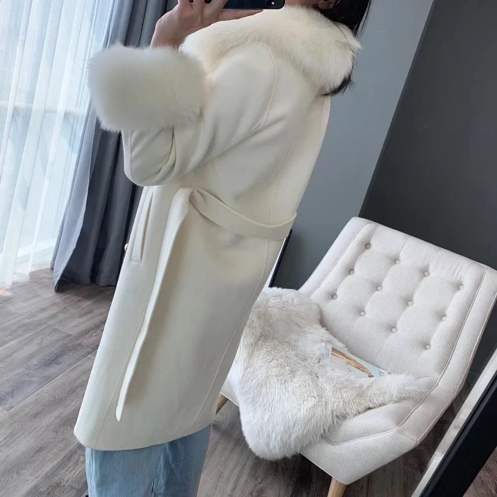 

Breasted Double Cashmere Wool Real Fur Collar Warm Thicken Winter With Belt Elegant Women Fashion Coat