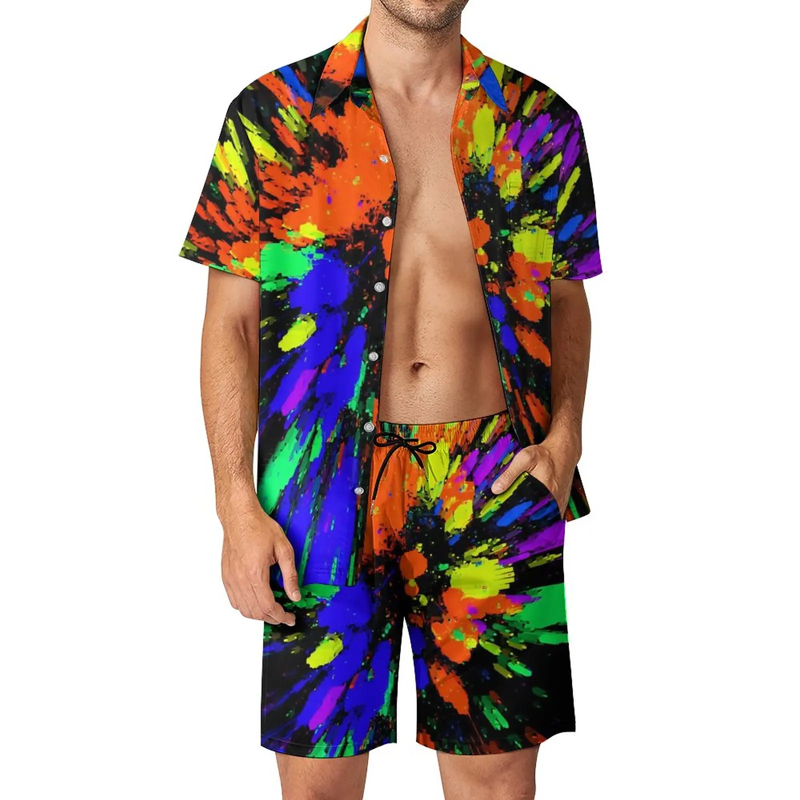 

Мужские комплекты с неоновыми рисунками, синие, фиолетовые, зеленые Новые повседневные рубашки, шорты с коротким рукавом, летний костюм для отпуска