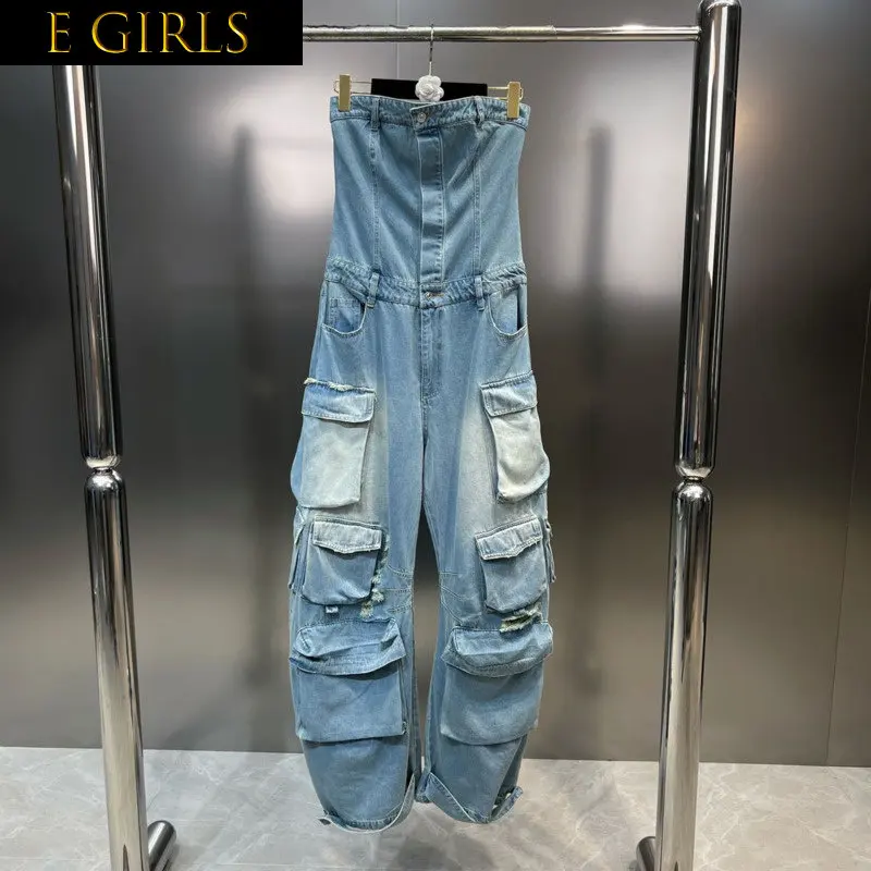 E GIRLS Strapless Denim Jumpsuit Women Fashion Patchwork Sleeveless High Waist Hole Pockets Personality Summer New Jeans GK421