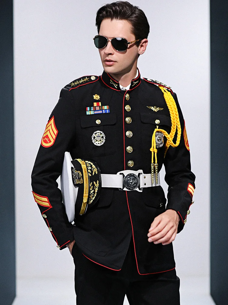 

Navy Officer Costume Captain Uniform Seaman Sailor Jacket Mariner Black Stand-up Collar Security Guard Concierge Work Clothes