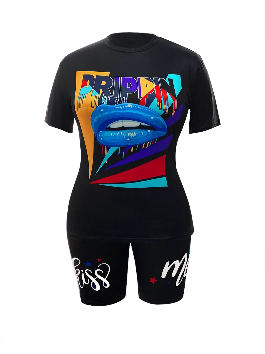 LW Plus Size  Shorts Set Lip Letter Print Female Polyester Casual Regular Short Sleeve O Neck Matching Outfits