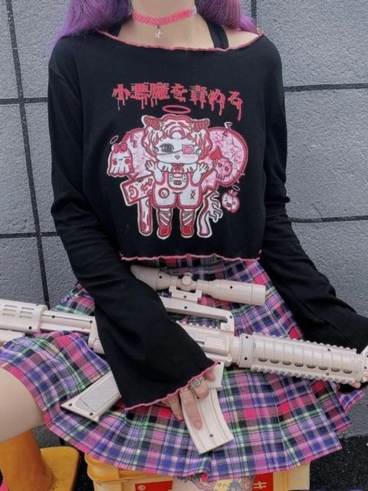 

Japanese Harajuku Y2k Clothes Cartoon Print O Neck Flare Sleeve Punk Gothic Crop Tops Streetwear Ruffles Spring Autumn T Shirts