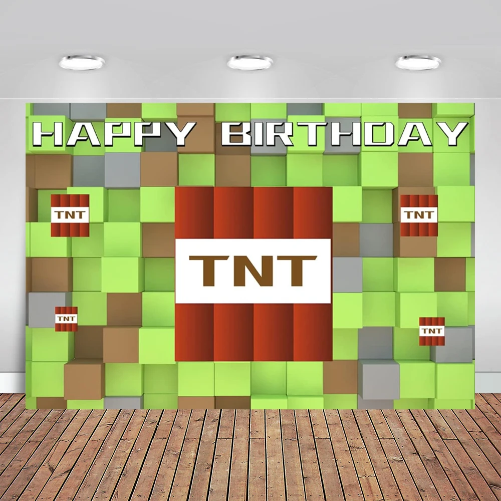 

Pixel Happy Birthday Backdrop for Video Game TNT Mining Dirt Block Banner Pixel Miner Family Birthday Party Supplies Background