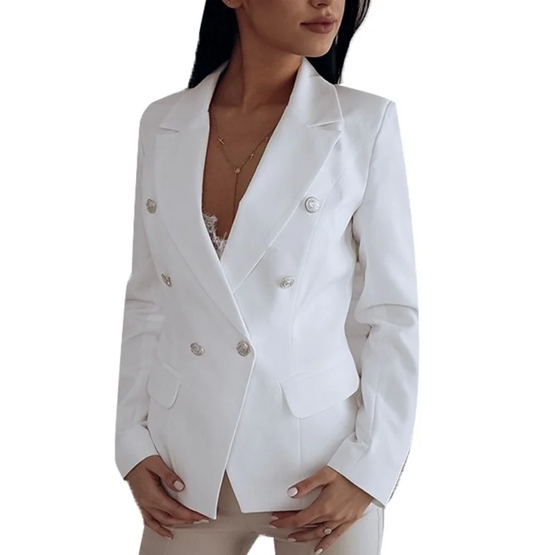 Fashion Casual Office Blazer with Metal Button 2021 Women Solid Colors Double Breasted Commute Blazer Plus Size Formal Clothing