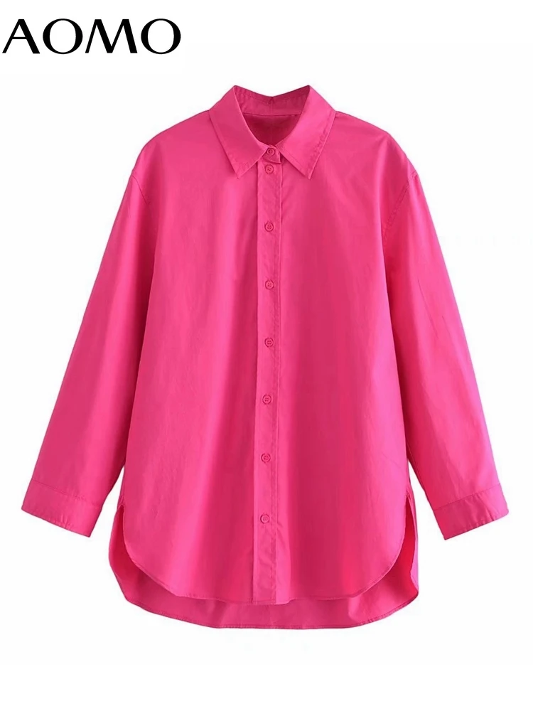 

AOMO 2022 New Women Hotpink Oversized Cotton Long Shirt Long Sleeve Chic Female Loose Shirt 3H351A