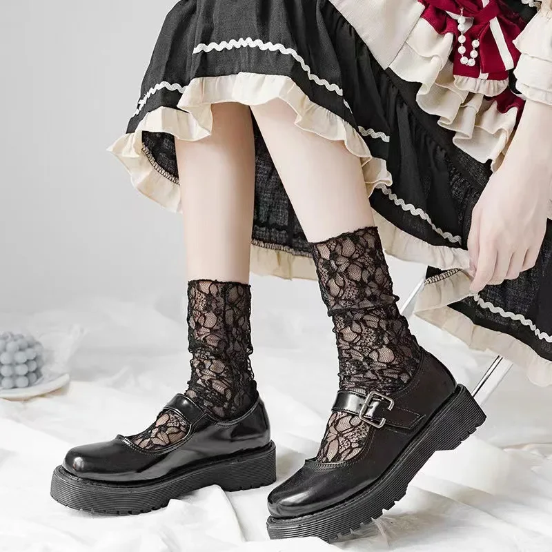 

Sexy Lace Floral Mesh Socks Women Black Transparent Short Cotton Sock for Ladies Elastic Retro Cute Hollow Out Long Socks Female