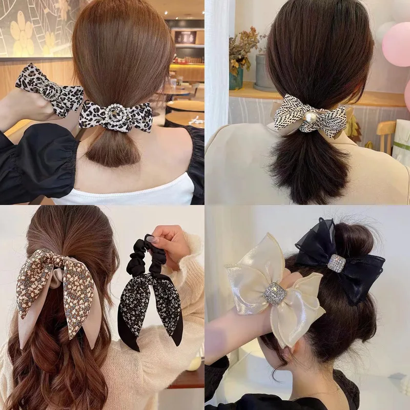 

Fashion Ribbon Bowknot Tie Ponytail Holder Scrunchies for Women Brown Black Elastic Hair Bands Vintage Hair Accessories Headwear