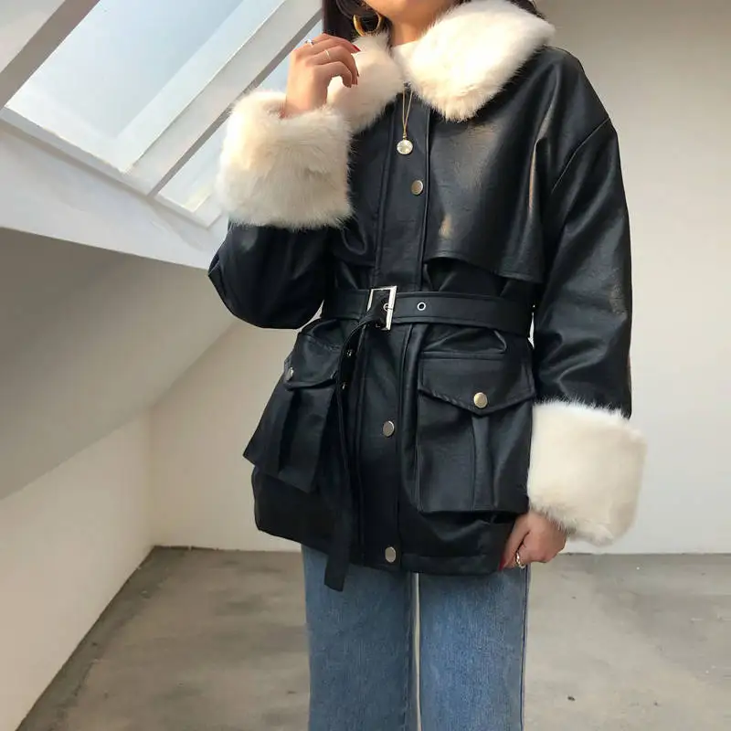 black gothic belt Thick Winter Warm Faux Leather Jacket Long Fur Collar Patchwork Coat Sashes  Waist Women Pu Leather Jackets