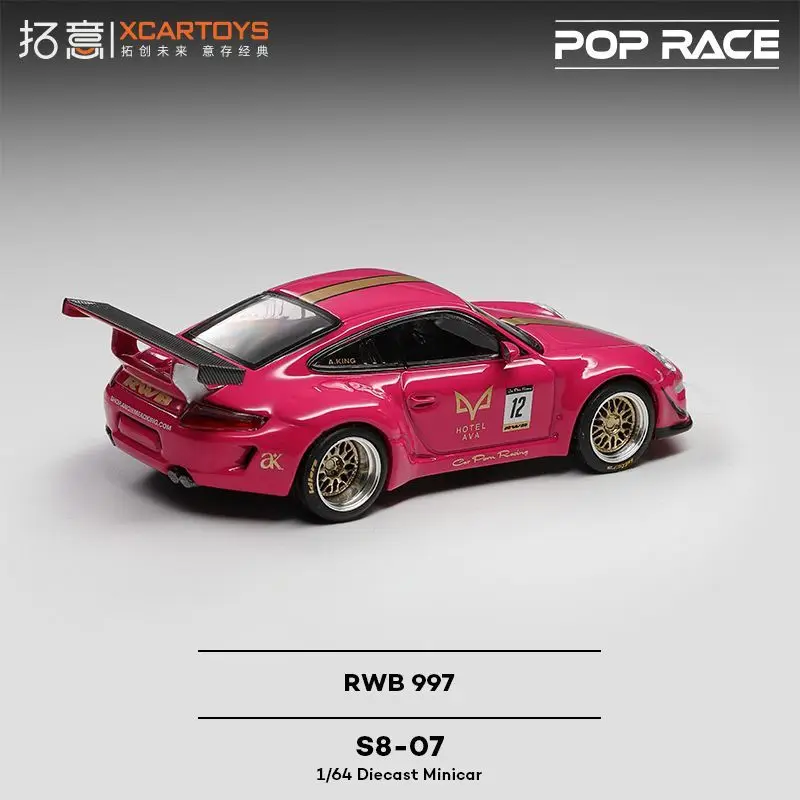 Фото Модель гоночного автомобиля POP RACE Porsche RWB997 рубинового цвета, масштаб 1/64, имитация сплавного кузова, сувенир. №4