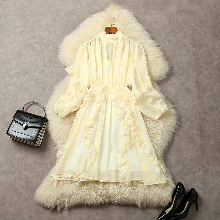 

Женская одежда в европейском и американском стиле, Новинка осени 2023, модное платье с длинным рукавом и воротником-стойкой, с оборками и принтом, XXL