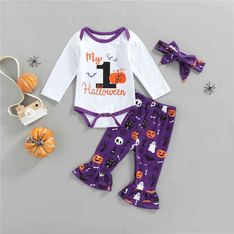 

Infants Baby Girl My First Halloween Outfits Long Sleeve Romper + Flare Pants + Headband Clothes Set Halloween Party 3-24 Months