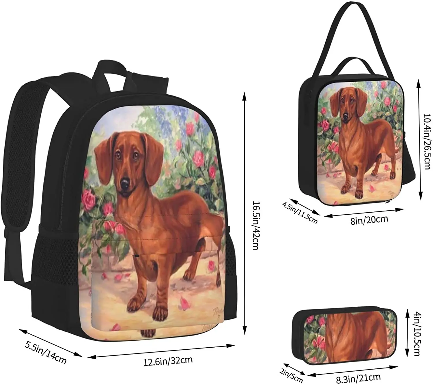 Kids School Backpack Dachshund Dog Schoolbag Travel Bag Casual Daypack Lunch Bag Pencil Case for Boys Teens Girls 3pcs Sets