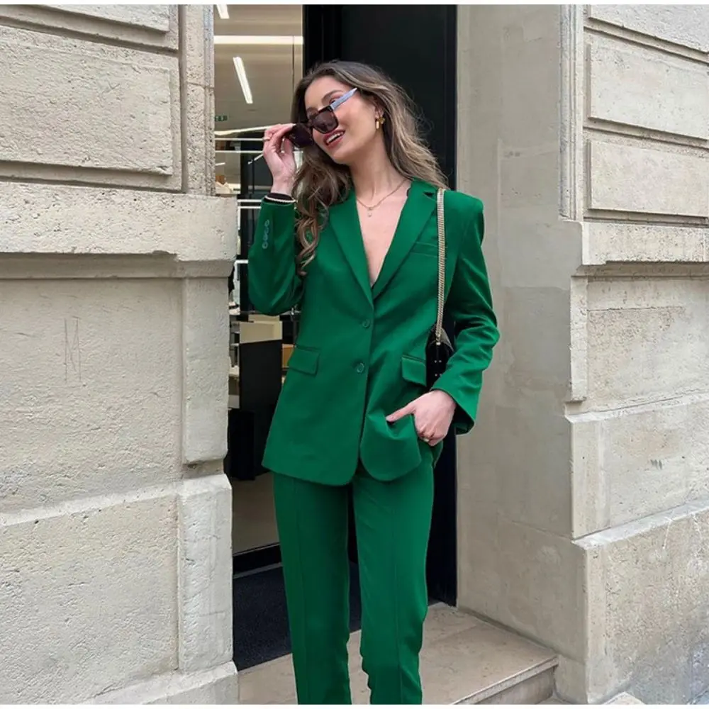 Casual Green Women Suits Long Sleeve Notched Collar Single Breasted Blazers High Waist Pants Female Suit 2023 Spring Fashion Set